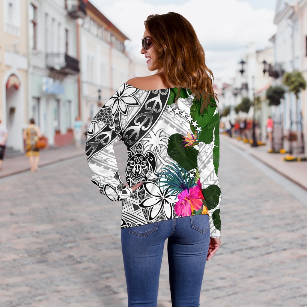 Chuuk Women's Off Shoulder Sweater White - Turtle Plumeria Banana Leaf - Polynesian Pride