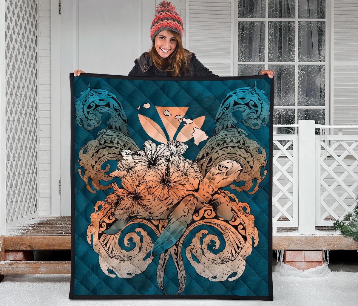 Hawaii Turtle Wave Polynesian Premium Quilt - Hey Style Orange - Polynesian Pride