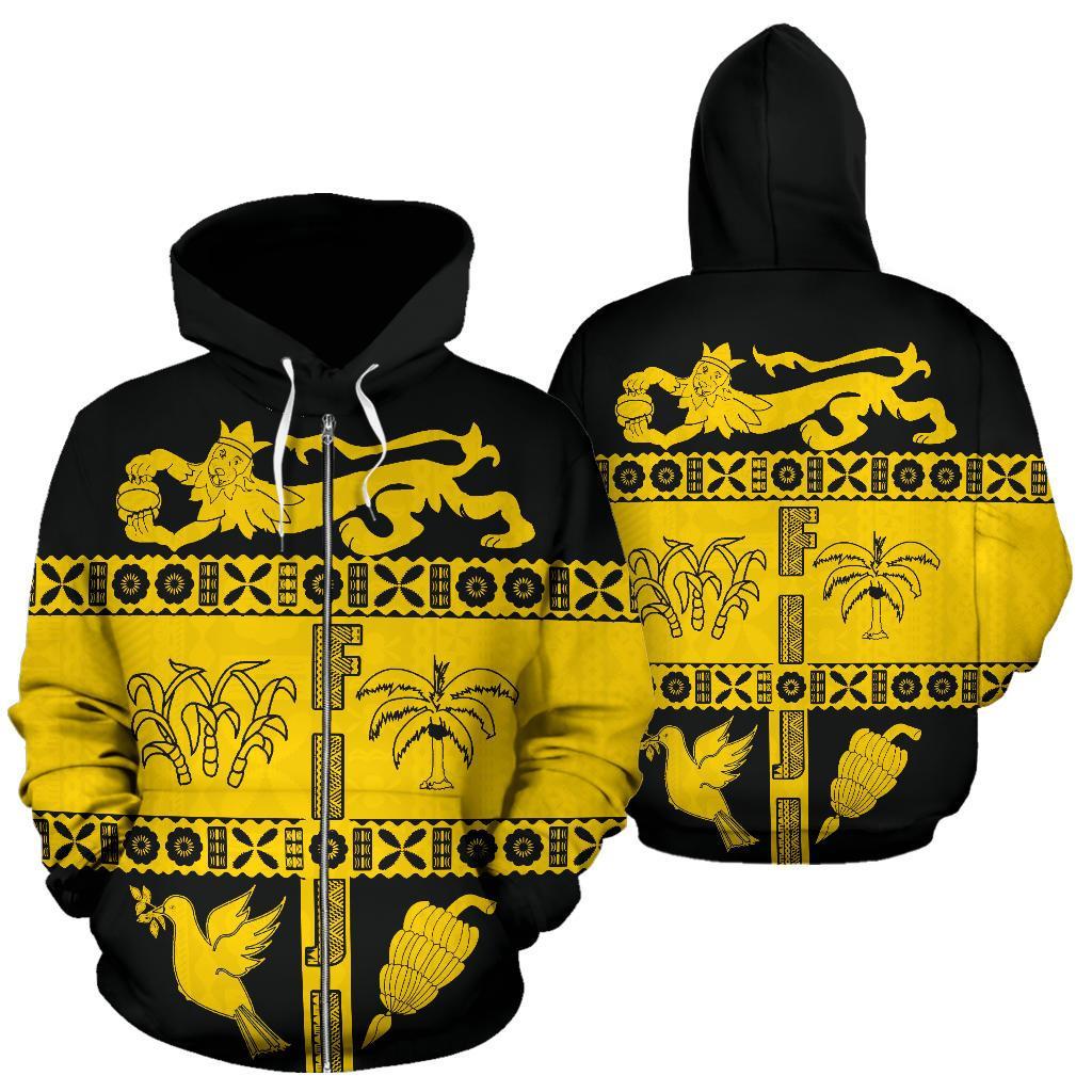 Fiji Tapa Zip Hoodie Coat of Arms Shield Yellow - Polynesian Pride