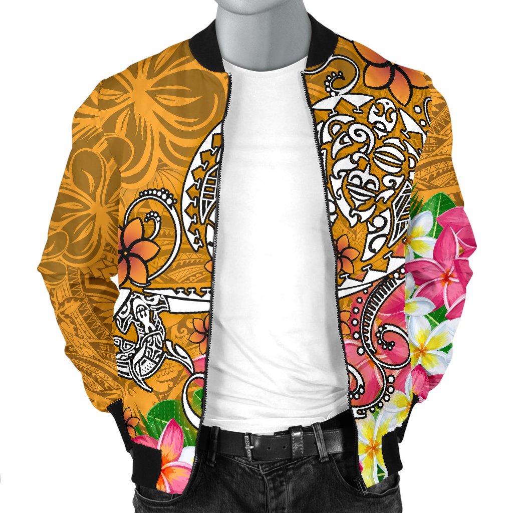 Polynesian Men's Bomber Jacket - Turtle Plumeria Gold Color - Polynesian Pride