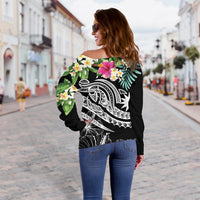 Nauru Polynesian Women's Off Shoulder Sweater - Summer Plumeria (Black) - Polynesian Pride