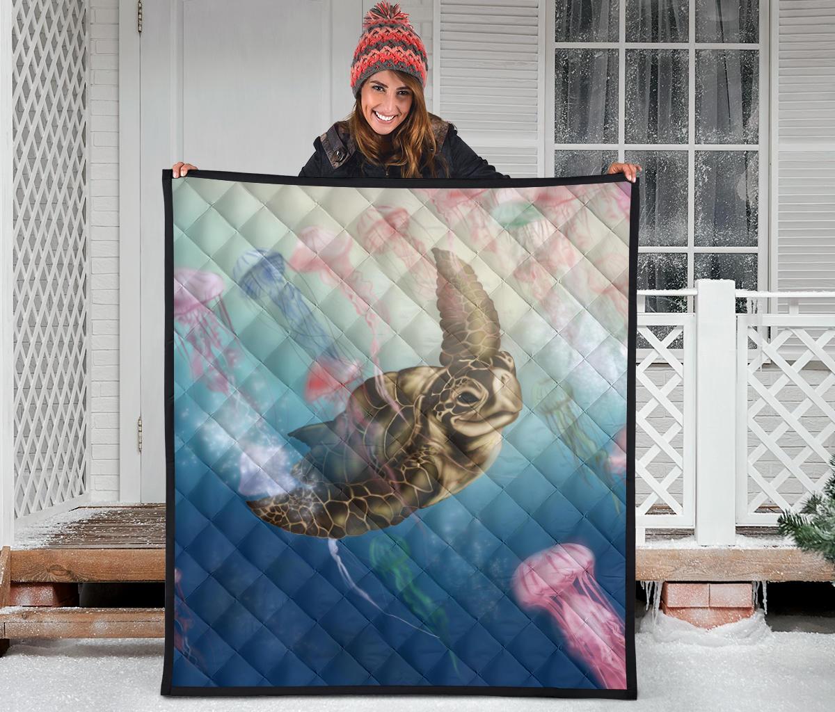 Hawaii Turtle And Jellyfish In Deep Sea Moana Premium Quilt - Polynesian Pride