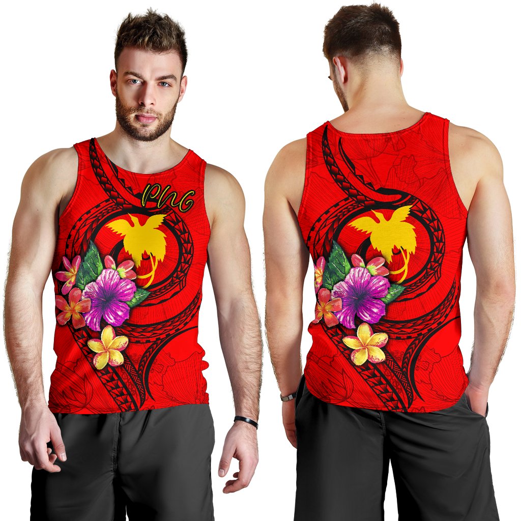 Papua New Guinea Polynesian Men's Tank Top - Floral With Seal Red Red - Polynesian Pride
