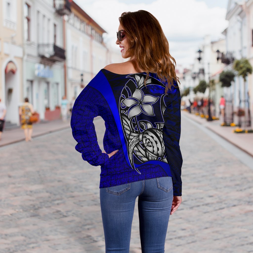 Samoa Polynesian Women Off Shoulder Sweater Blue - Turtle With Hook - Polynesian Pride