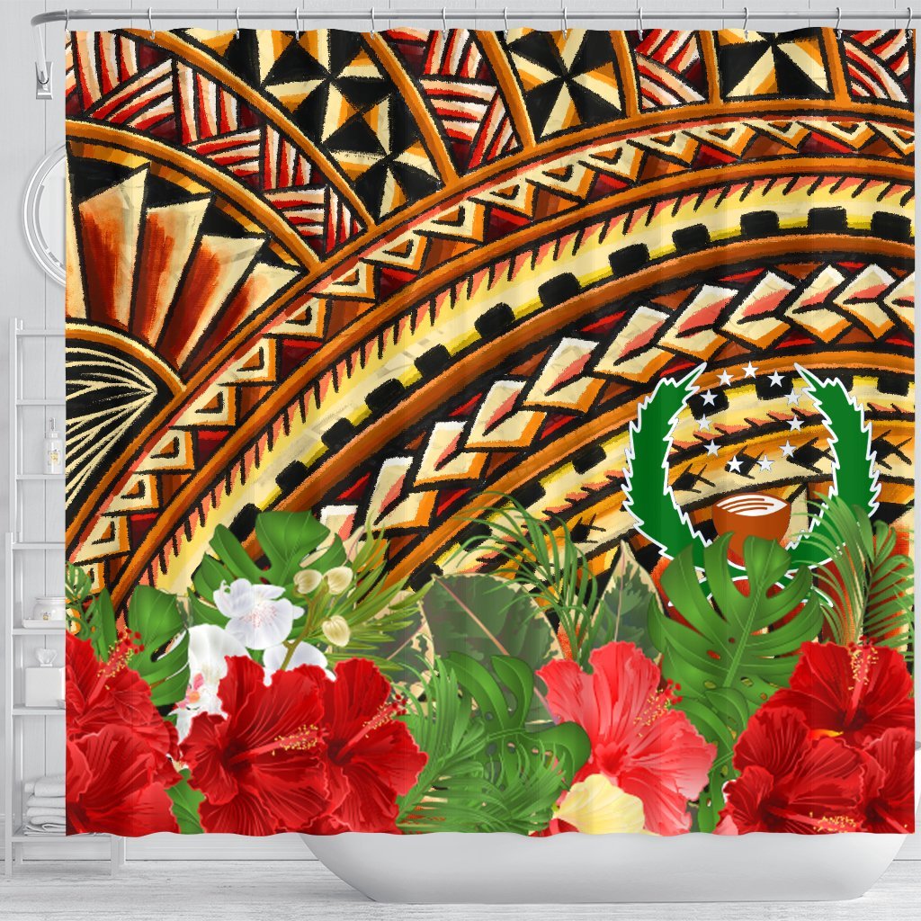 Pohnpei Shower Curtain - Vintage Pattern With Hibiscus Flower - Polynesian Pride