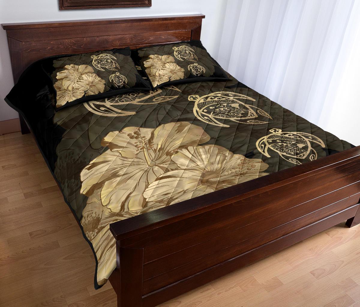 Hawaiian Map Turtle Hibiscus Vintage Polynesian Quilt Bedding Set Gold - Polynesian Pride