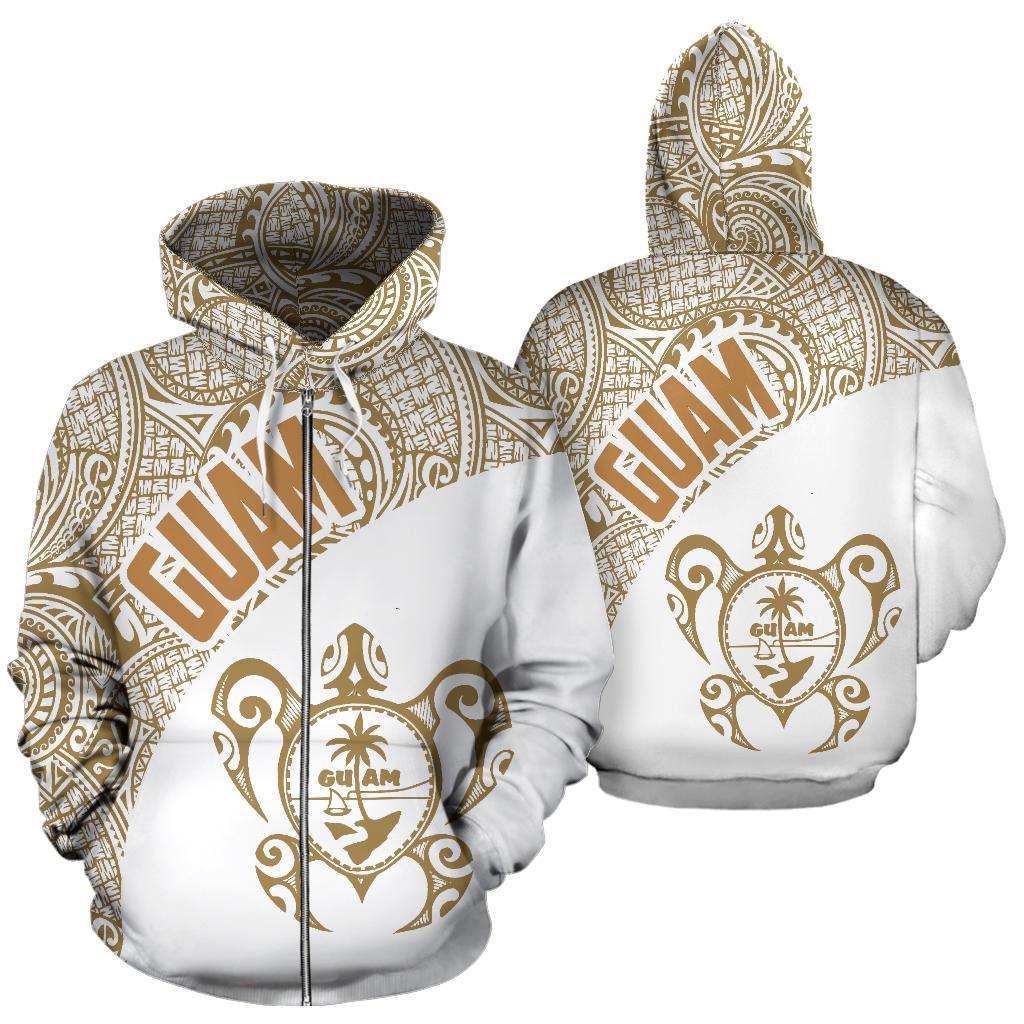 Guam Zip up Hoodie Guam Coat of Arm In Turtle Polynesian Tattoo White Gold Unisex White - Polynesian Pride