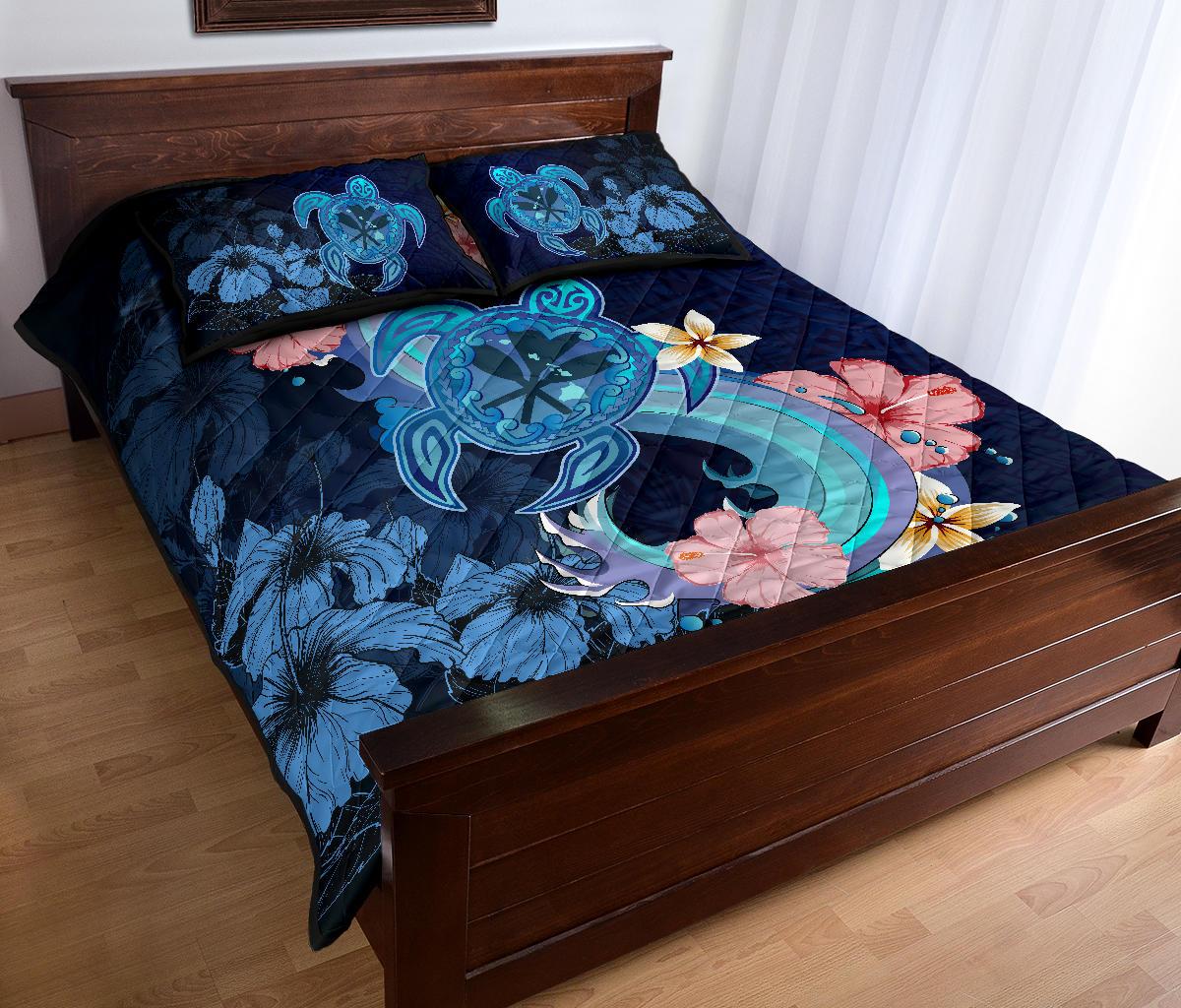 Kanaka Maoli (Hawaiian) Quilt Bed Set - Blue Turtle Hibiscus - Polynesian Pride