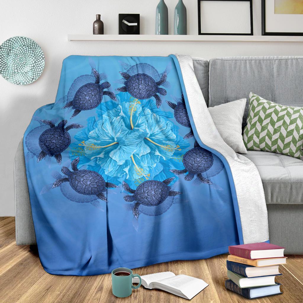 Hawaii Turtle Hibiscus Blue Premium Blanket - Polynesian Pride