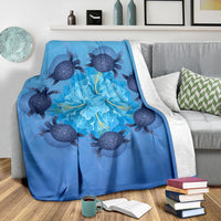 Hawaii Turtle Hibiscus Blue Premium Blanket - Polynesian Pride