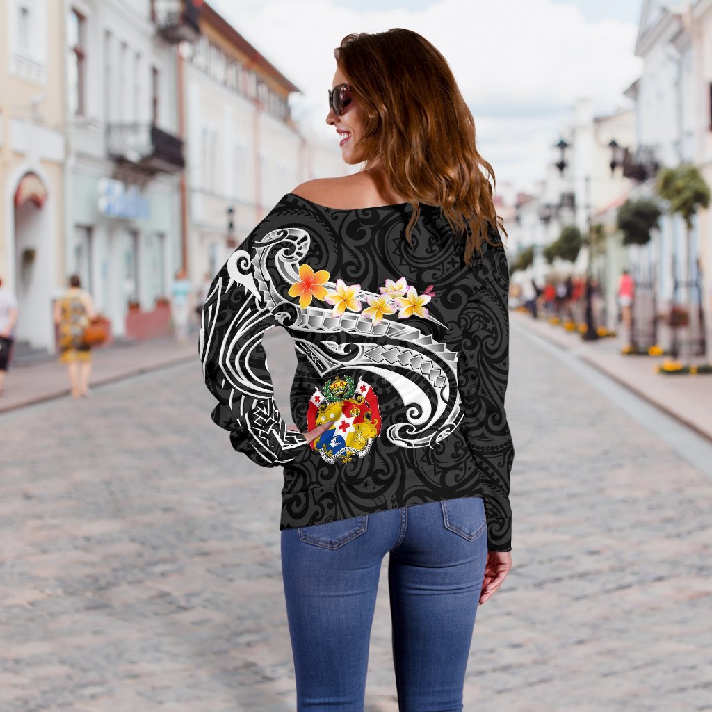 Tonga Women's Off Shoulder Sweater - Tonga Seal Polynesian Patterns Plumeria (Black) - Polynesian Pride