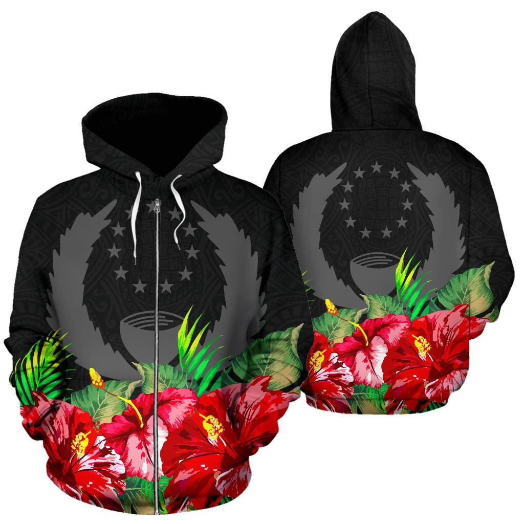 Pohnpei Polynesian Zip Hoodie Black Hibiscus Unisex Black - Polynesian Pride