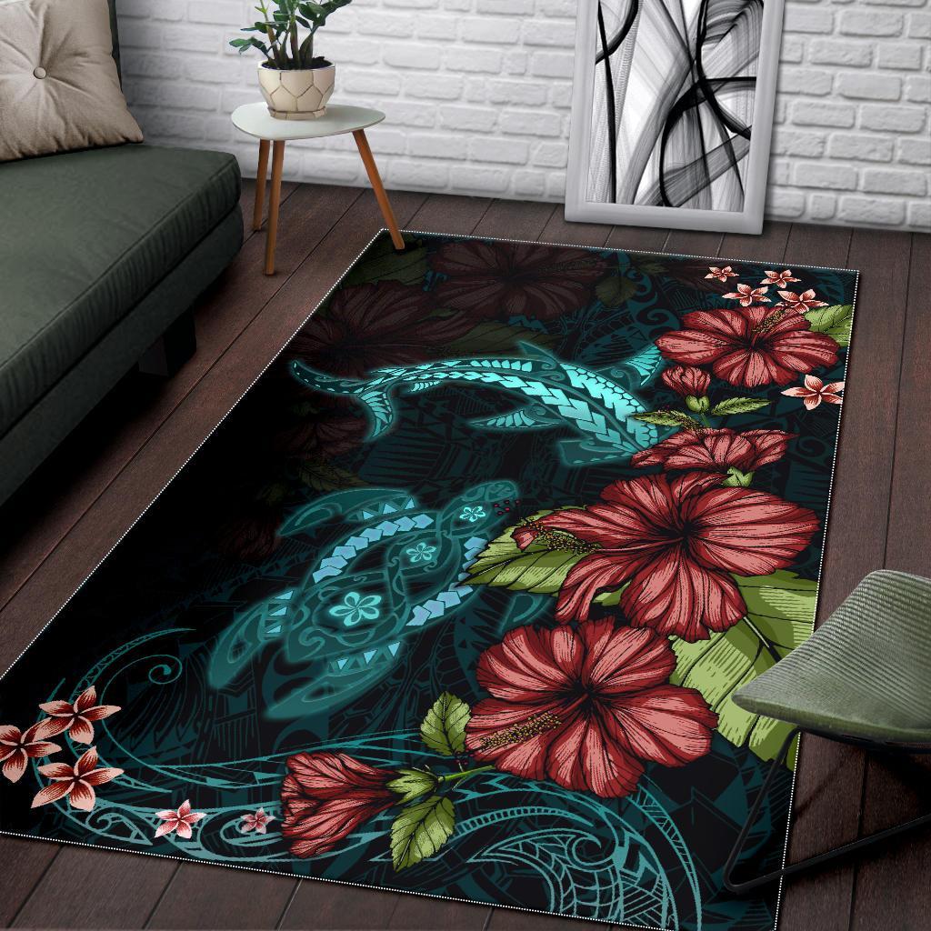 Polynesian Area Rug Turtle And Shark - Hibiscus Turquoise - Polynesian Pride