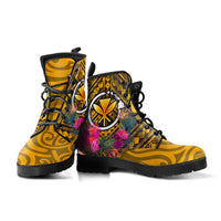 Hawaii Leather Boots - Kanaka Maoli With Hibiscus On Polynesian Patterns (YELLOW) - Polynesian Pride