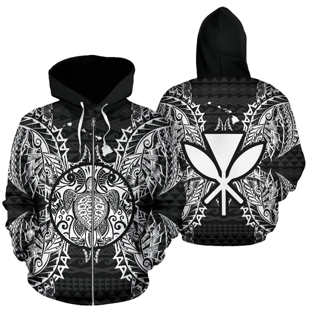 Polynesian Hawaii All Over Zip up Hoodie Map Turtle Black Unisex Black - Polynesian Pride