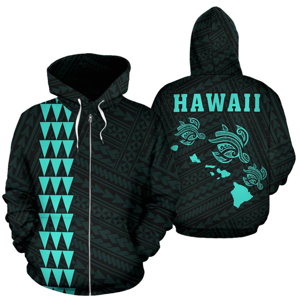 Polynesian Kakau Three Turtle Map of Hawaii Zip Hoodie Turquoise Unisex Turquoise - Polynesian Pride