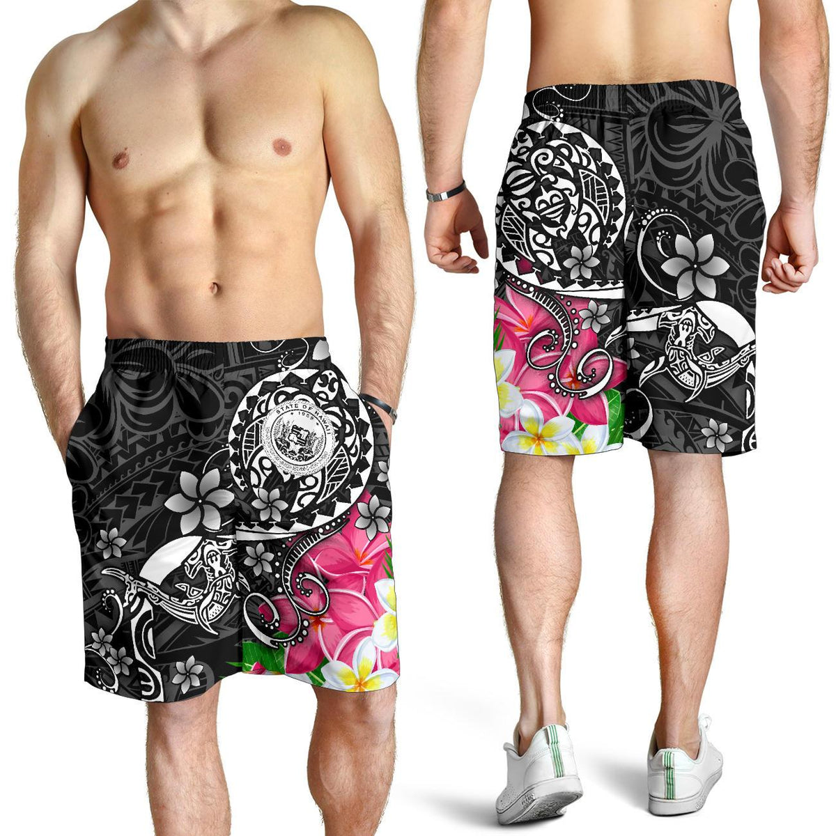 Hawaii Polynesian Men's Shorts - Hawaii Seal With Turtle Plumeria (Black) - Polynesian Pride