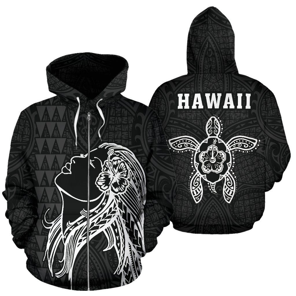 Polynesian Kakau Hula Girl Turtle Hibiscus Hawaii Zip Hoodie White Unisex White - Polynesian Pride