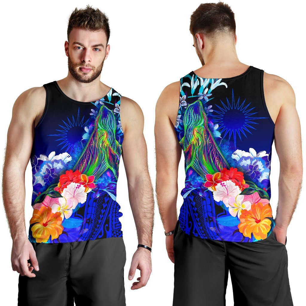 Marshall Islands Men's Tank Top - Humpback Whale with Tropical Flowers (Blue) - Polynesian Pride