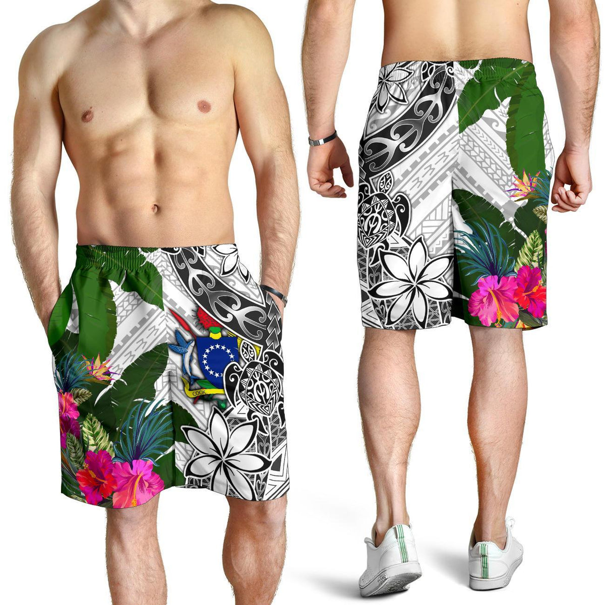 Cook Islands Men's Short White - Turtle Plumeria Banana Leaf - Polynesian Pride