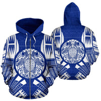 Turtle All Over Zip up Hoodie Blue Tattoo Style Unisex Blue - Polynesian Pride