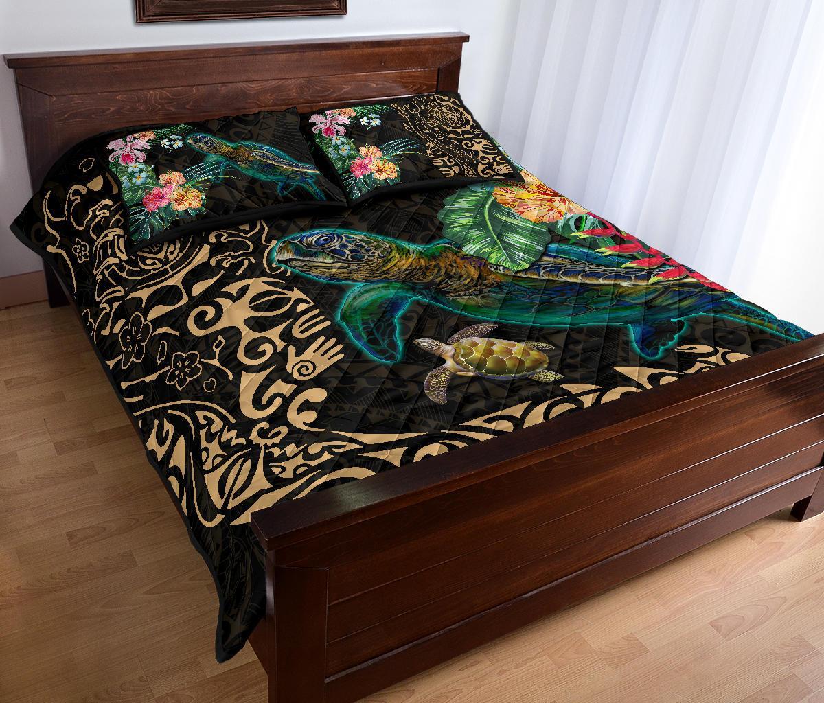 Tiki Polynesian Quilt Bed Set Turtle Hibiscus - Gold - Polynesian Pride