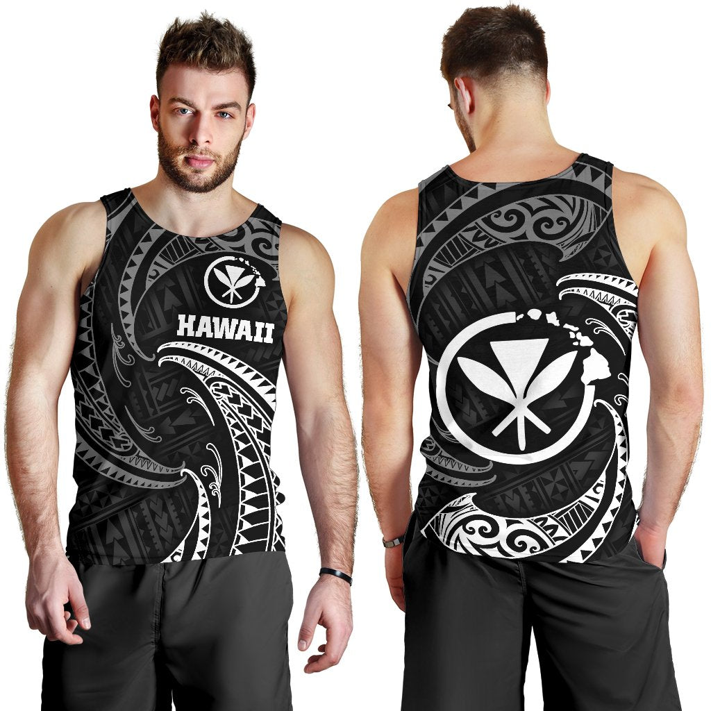 Hawaii Polynesian Men Tank Top - White Tribal Wave Black - Polynesian Pride