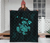 Hawaii Turtle Hibicus Map Premium Quilt - Turquoise - Polynesian Pride
