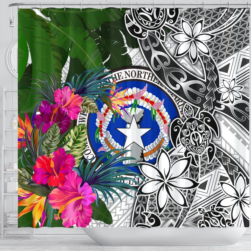Northern Mariana Islands Shower Curtain White - Turtle Plumeria Banana Leaf - Polynesian Pride