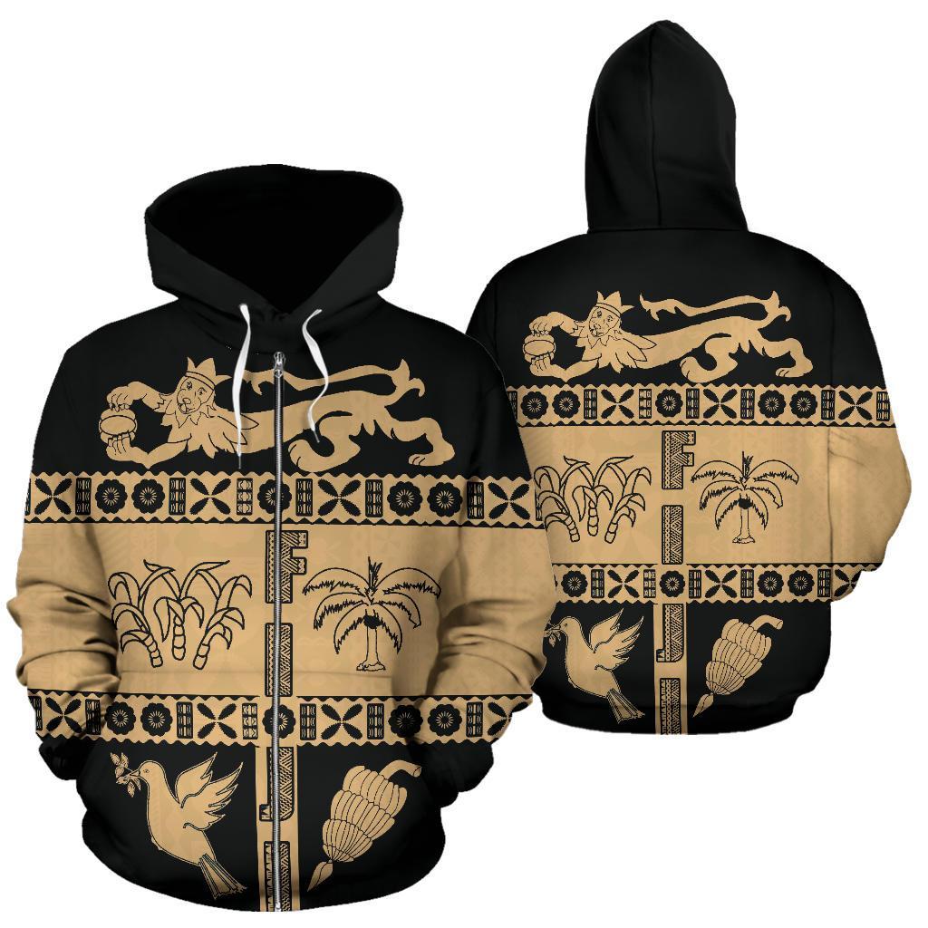 Fiji Tapa Zip Hoodie Fiji Gold Coat of Arms Unisex Gold - Polynesian Pride