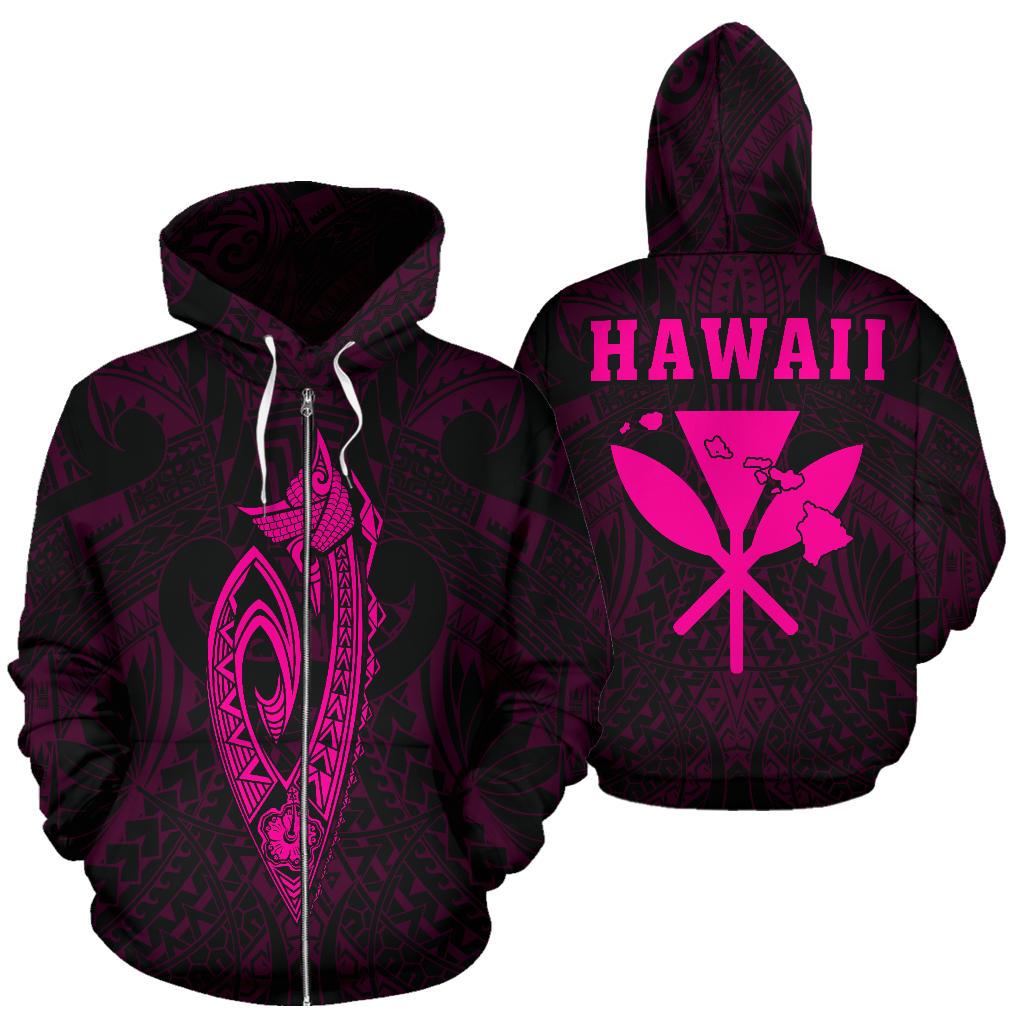 Polynesian Fish Hook Kanaka Map of Hawaii Zip Hoodie Blue Unisex Pink - Polynesian Pride