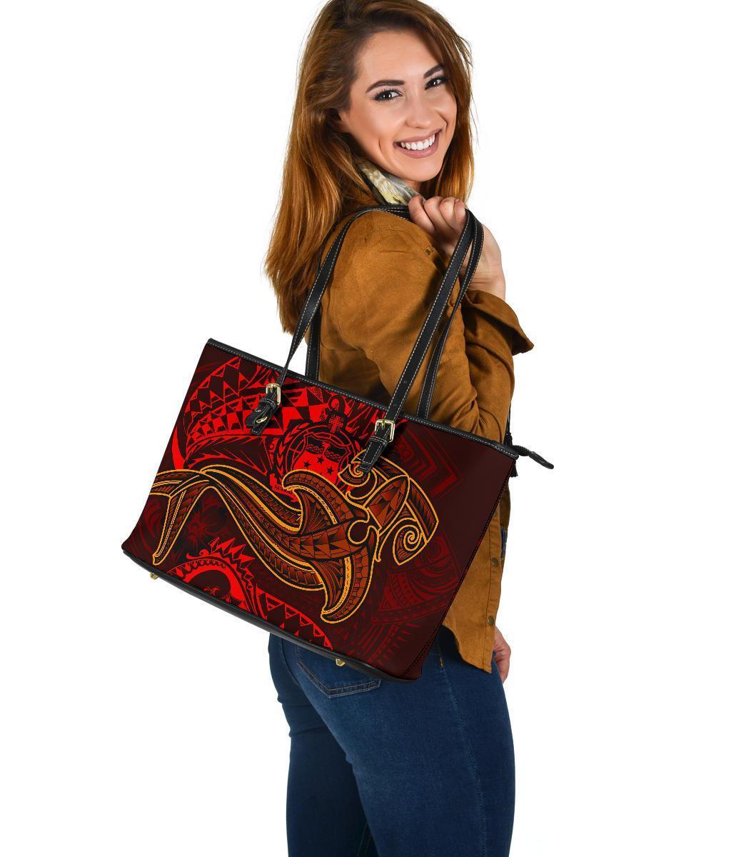 Samoa Leather Tote Bag - Red Shark Polynesian Tattoo - Polynesian Pride