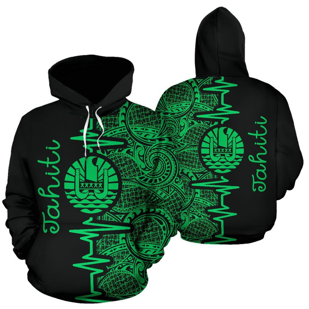 Tahiti Polynesian Hoodie Tahiti Flag Heartbeat Pattern Green Version TH0 Unisex Green - Polynesian Pride