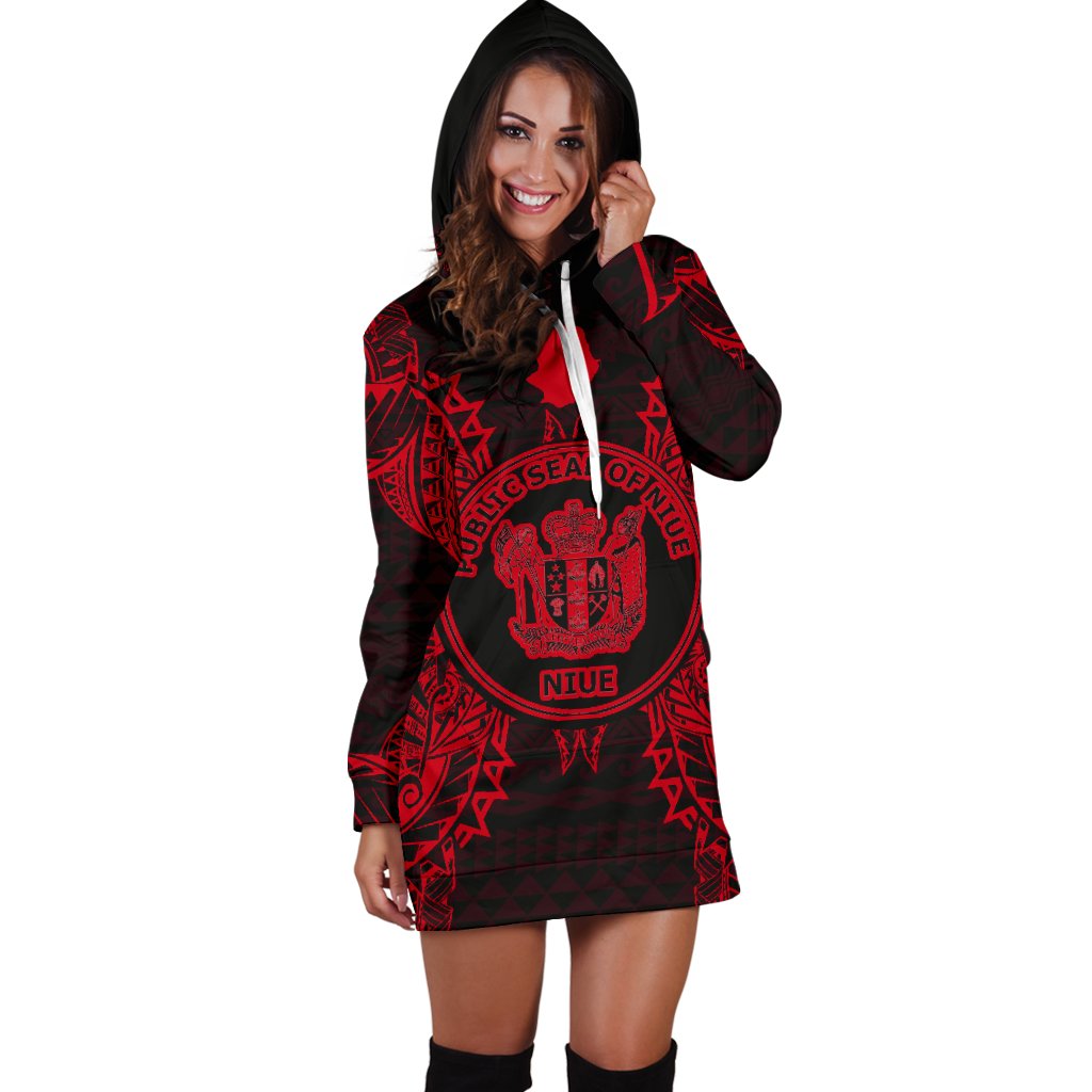 Niue Polynesian Hoodie Dress Map Red - Polynesian Pride