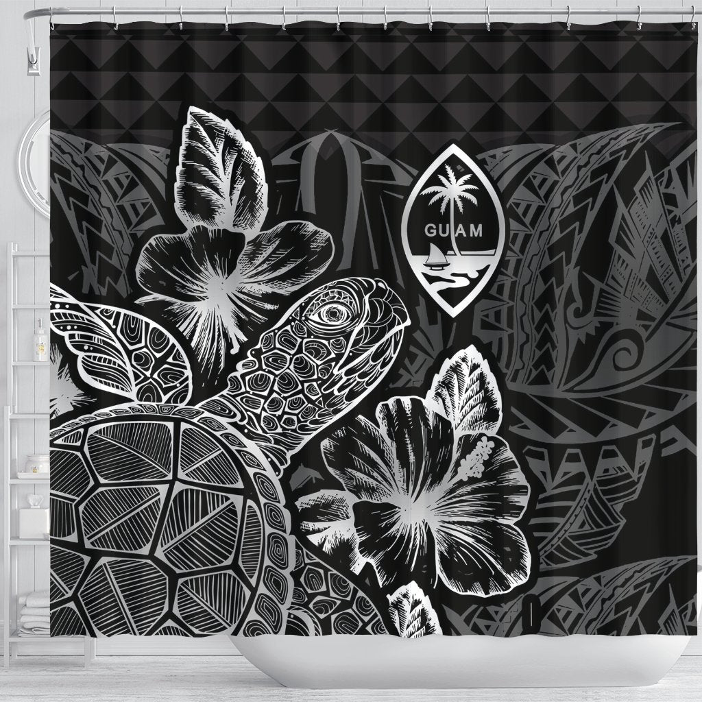 Guam Shower Curtain Turtle Hibiscus Black - Polynesian Pride