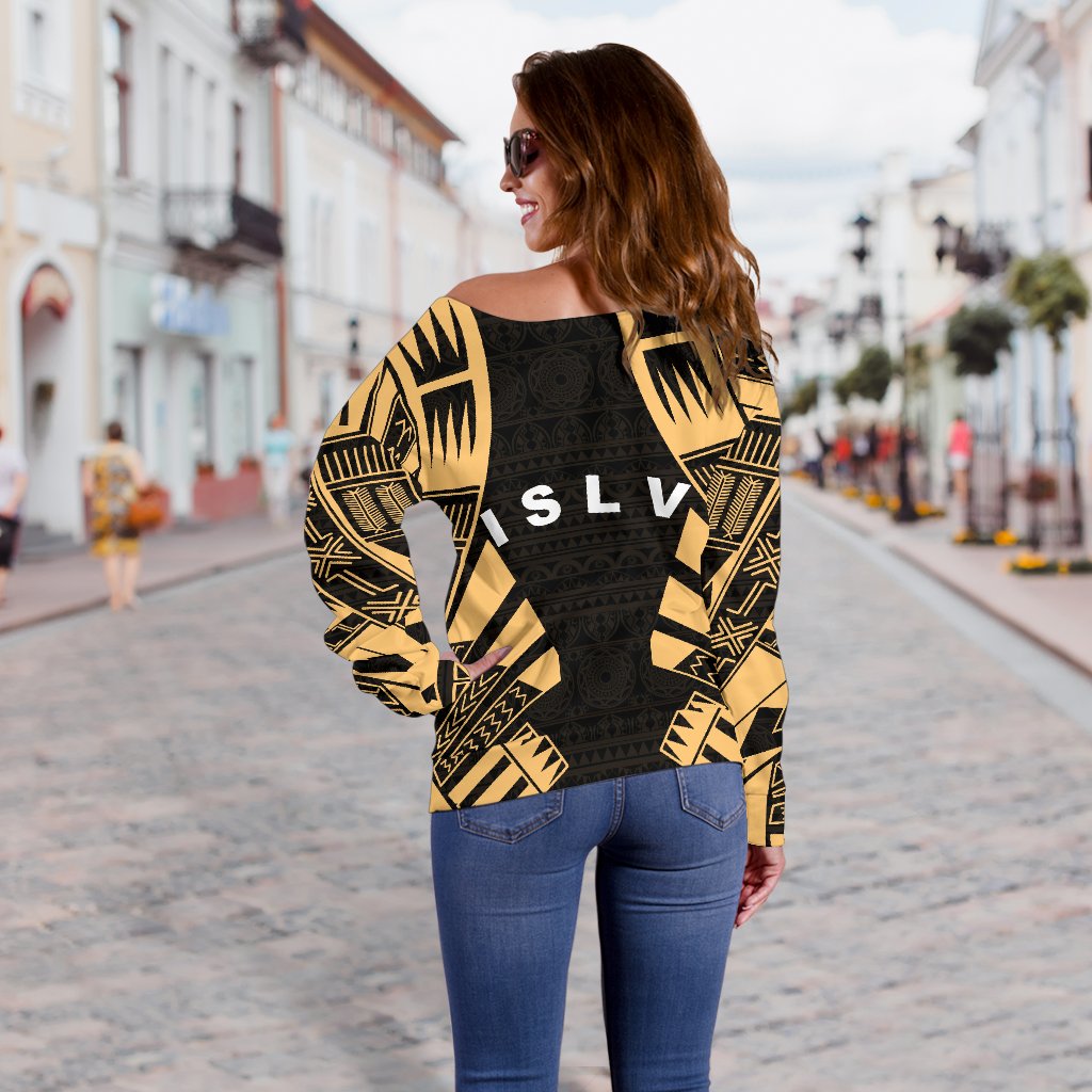 Society Islands Women's Off Shoulder Sweater - Polynesian Tattoo Gold - Polynesian Pride