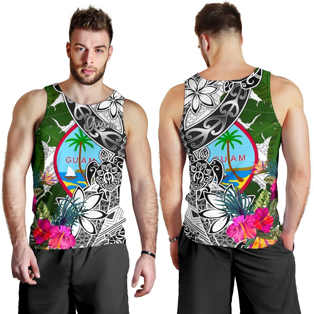 Guam Men's Tank Top White - Turtle Plumeria Banana Leaf - Polynesian Pride