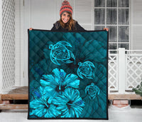 Hawaiian Map Hibiscus Turtle Vintage Polynesian Premium Quilt Turquoise - Polynesian Pride