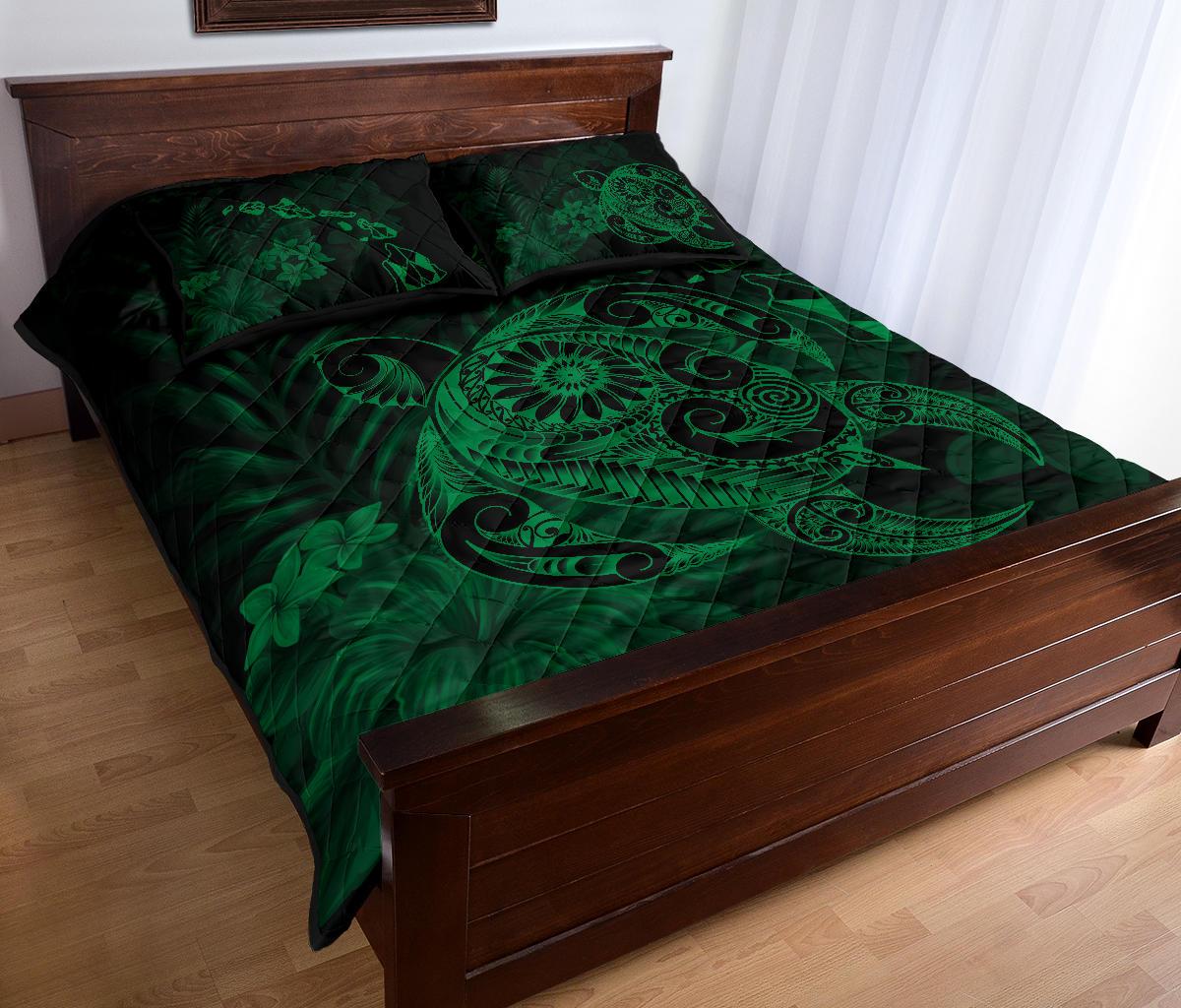Hawaii Turtle Map Hibiscus Polynesian Green Quilt Bed Set - Polynesian Pride