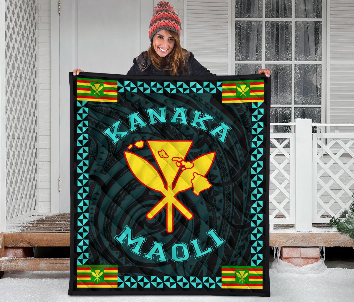 Kanaka Maoli Flag Polynesian Premium Quilt Turquoise - Love Style - Polynesian Pride