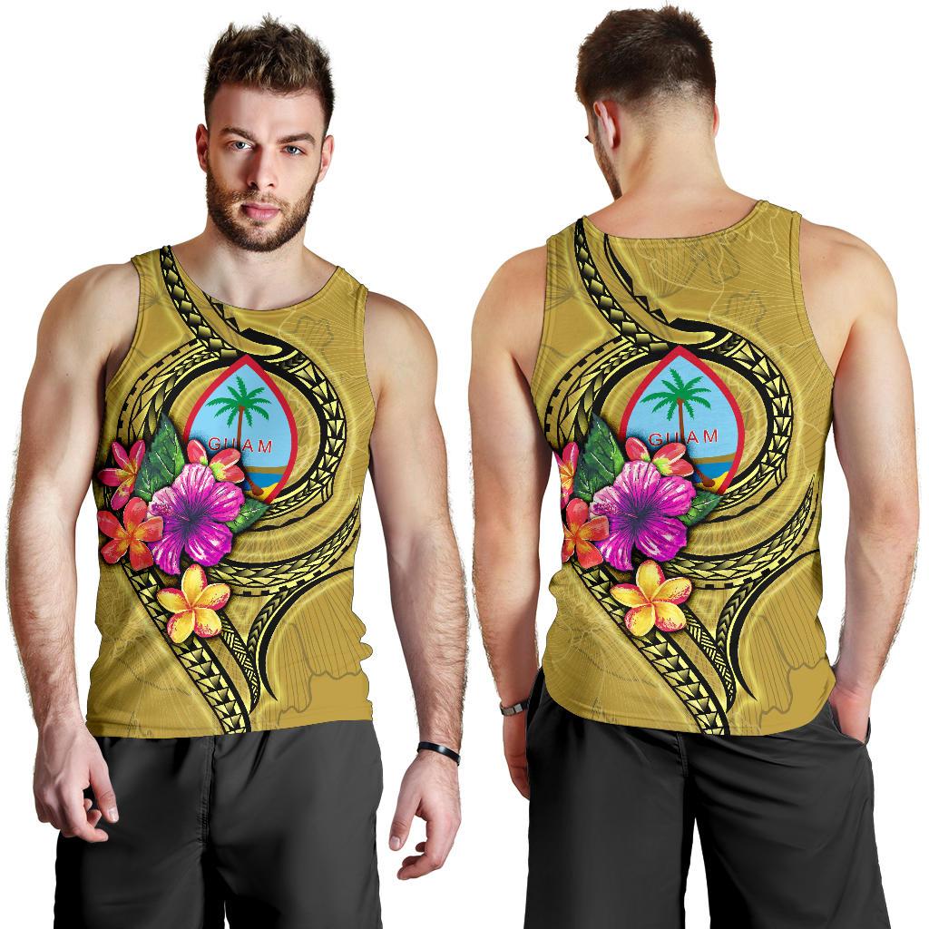 Guam Polynesian Men's Tank Top - Floral With Seal Gold - Polynesian Pride