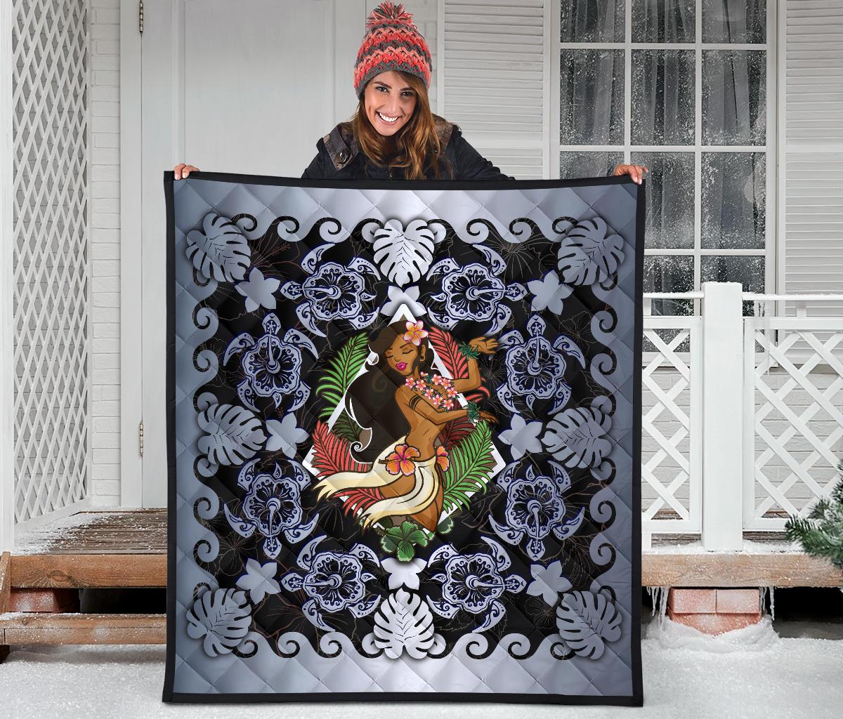 Hawaii Polynesian Premium Quilt - Hawaiian Dancing Girl Silver - Polynesian Pride