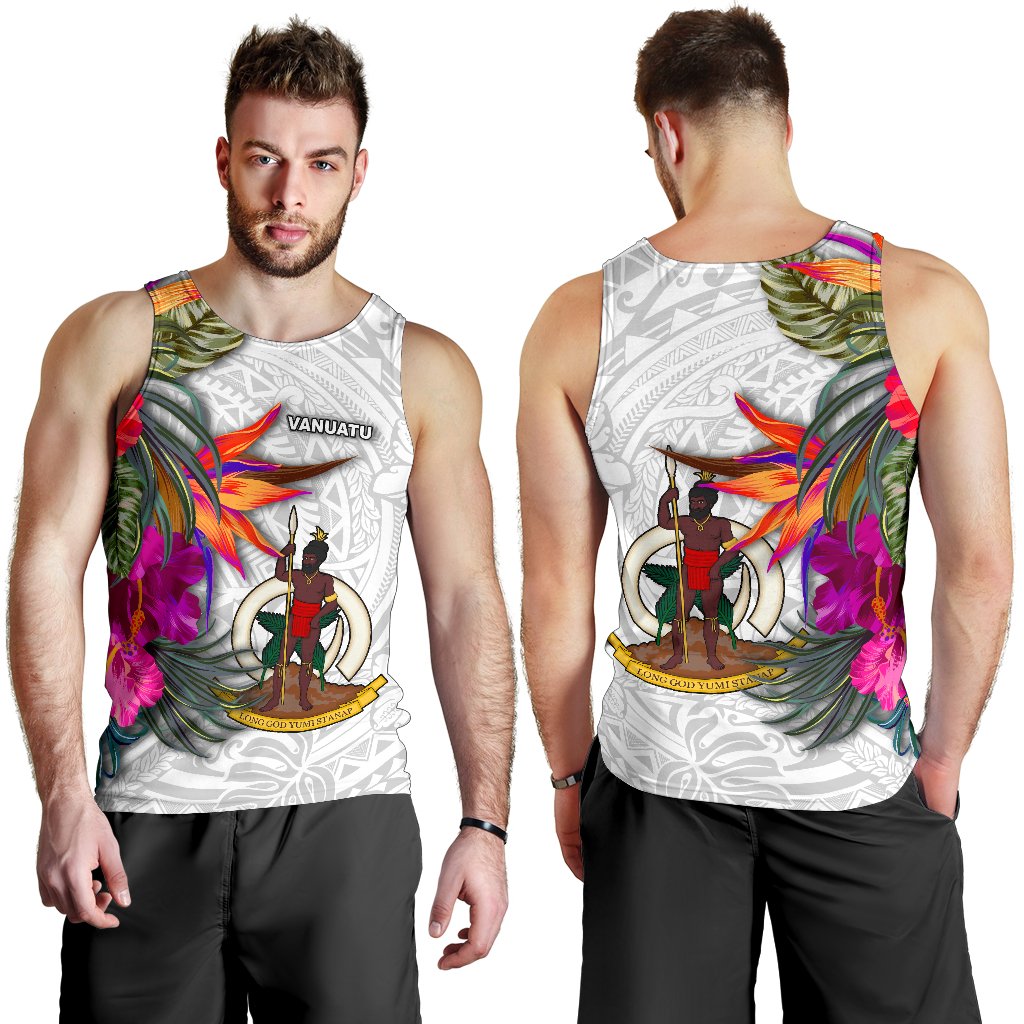 Vanuatu Men's Tank Top Polynesian Hibiscus White Pattern White - Polynesian Pride