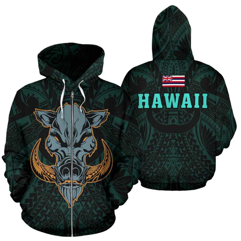 Polynesian Kamapuaa Flag of Hawaii Zip Hoodie Turquoise Hawaiian Mythology Style Unisex Turquoise - Polynesian Pride
