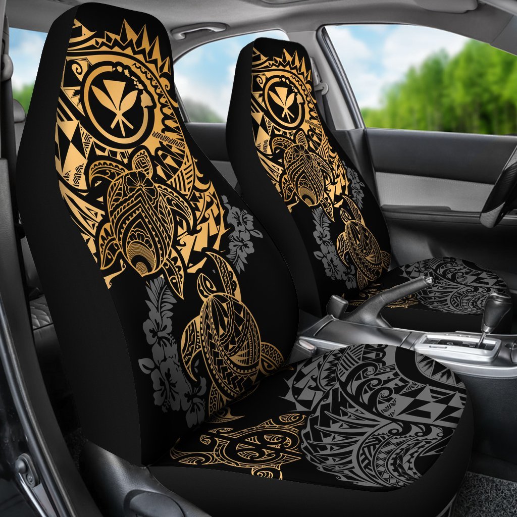 Hawaii Polynesian Seat Covers - Gold Kanaka Maoli Turtle Tattoo Gray Hibiscus Turtle Flowing - Polynesian Pride