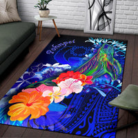 Pohnpei Area Rug - Humpback Whale with Tropical Flowers (Blue) - Polynesian Pride