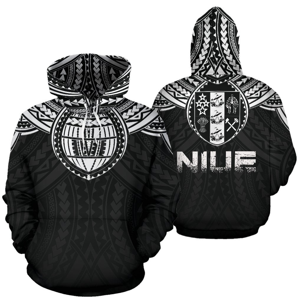 Niue All Over Hoodie Niue Coat of Arms Polinesian A5 Unisex Black - Polynesian Pride