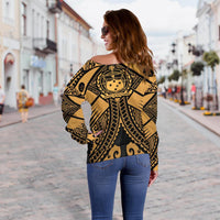 Samoa Polynesian Women's Off Shoulder Sweater - Samoa Gold Seal with Polynesian Tattoo - Polynesian Pride
