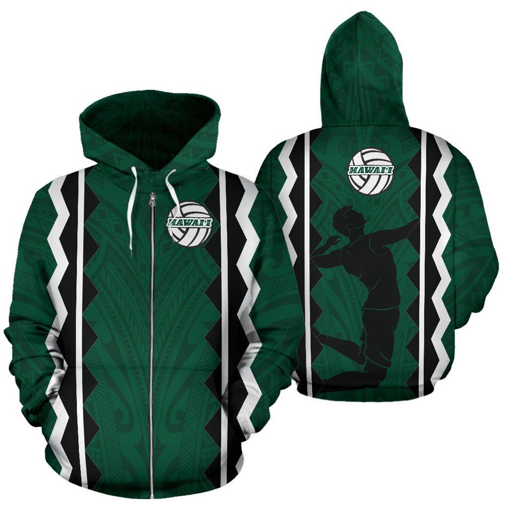 Polynesian Hawaii Mens Volleyball Team Supporter All Over Zip up Hoodie Unisex Green - Polynesian Pride