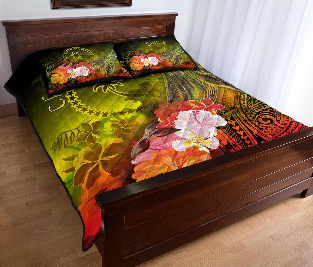 Chuuk Quilt Bed Set - Humpback Whale with Tropical Flowers (Yellow) - Polynesian Pride